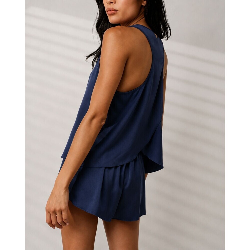 Lunya FULL SET Washable 100% Silk Tulip Back Shorts Set Navy S Luxury Loungewear